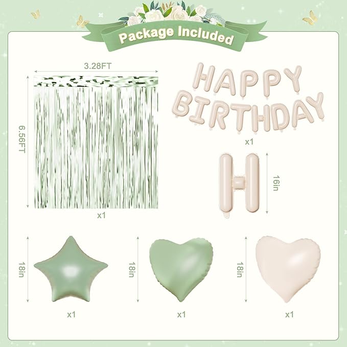 Sage Green Birthday Decorations with Happy Birthday Banner Sage Green Biege Gold Balloons Confetti Foil Balloons Gold Butterfly Fringe Curtains, Green Birthday Party Decorations for Women Girls