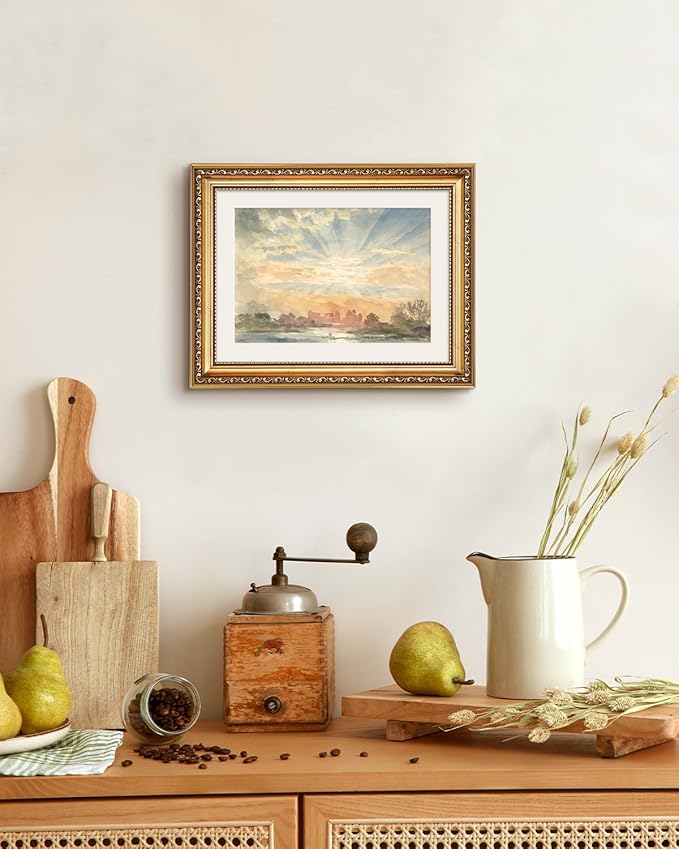 VIYYIEA Gold Framed Serene Watercolor Landscape Sunrise, Elegant Coastal Wall Art for Living Room | Modern Home Decor - No Glass Design, Lightweight Canvas Painting, Chic Accents - 11x14 Inch