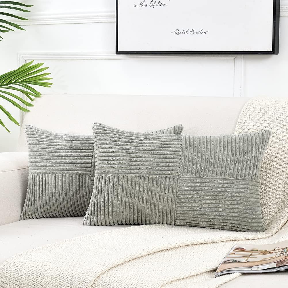 Fancy Homi 2 Packs Grey Long Lumbar Decorative Throw Pillow Covers 16x24 Inch for Couch Bed Sofa, Rustic Farmhouse Boho Home Decor, Soft Striped Corduroy Rectangle Accent Cushion Case 40x60 cm