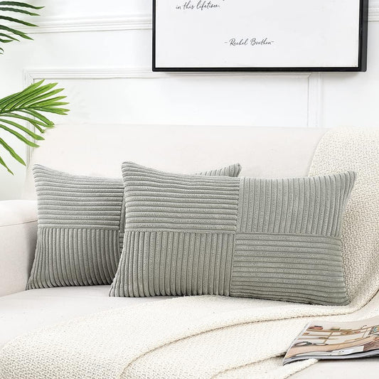 Fancy Homi 2 Packs Grey Long Lumbar Decorative Throw Pillow Covers 16x24 Inch for Couch Bed Sofa, Rustic Farmhouse Boho Home Decor, Soft Striped Corduroy Rectangle Accent Cushion Case 40x60 cm