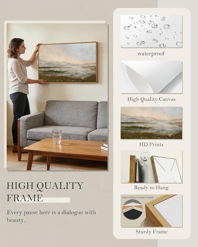 SHENIFY Vintage Framed Wall Art Rustic Foggy Mountain Landscape Scenery Home Decor Retro Wilderness Decorations for Farmhouse Bedroom Ready to Hang Wall Artwork - 24x36in Natural Framed