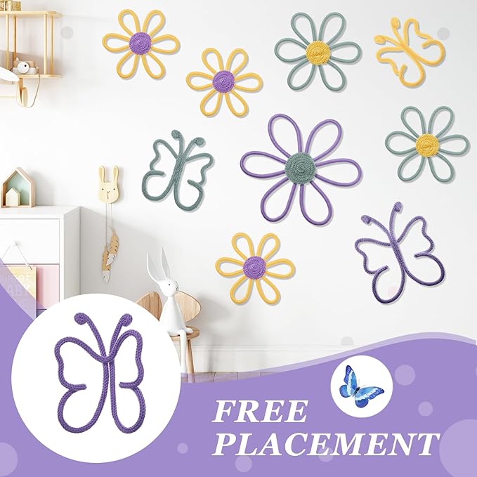 Wesiti 9 Pcs Boho Nursery Decor 3 Size Daisy Flower and Butterflies Woven Macrame Wall Hanging for Home Nursery Bedroom Dorm Wall Art(Modern Color)