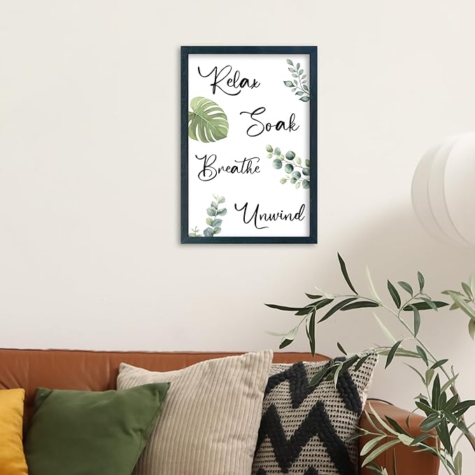 YWJKWLGS Bathroom Decor Relax Soak Breathe Unwind Framed Sign with Green Leaves, 11x16 Inch，Spa Wall Art for Modern Rustic or Farmhouse Style (Black)