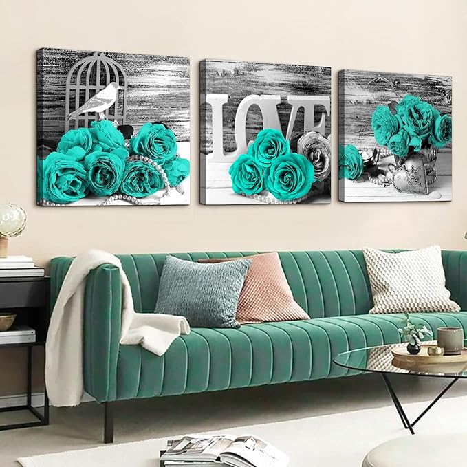 Teal Roses Floral Wall Art for Bathroom Home Decor Framed Canvas Prints Black&White Blue Rose Flowers Paintings Warm Family Pictures Posters Modern Artwork Homes Decorations Set of 3 Pieces 24x24