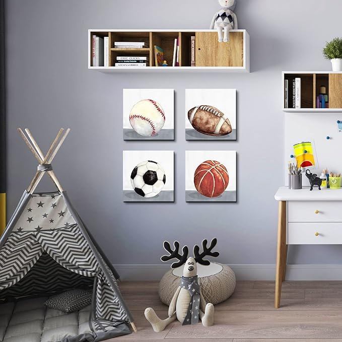 Boys Room Wall Decor Sports Decor for Boys Bedroom Rustic Soccer Football Baseball Basketball Canvas Pictures Kids Wall Art Vintage Ball Painting Nursery Playroom Artwork Home Decorations 12x12" 4 Pcs