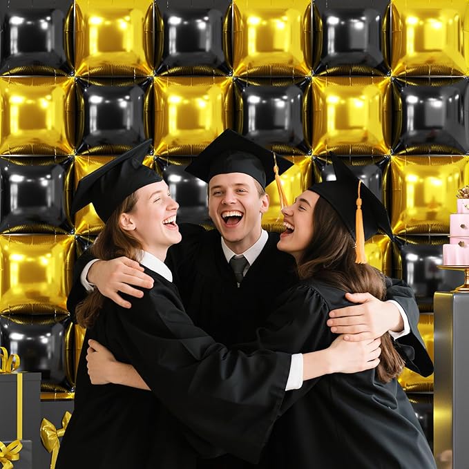 NISOCY 36PCS Black Gold Square Foil Balloons Wall Backdrop Double Sided Metallic Black Gold Balloon Arch Kit New Years Birthday Graduation Anniversary Engagement Bridal Baby Shower Party Decorations