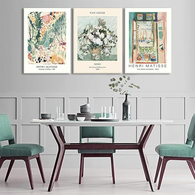 LYPHNX Framed Sage Green Matisse Canvas Wall Art Vintage Abstract Floral Prints Poster Set of 3 Mid Century Aesthetic Flower Artwork Painting Picture Decor for Living Room Bedroom Bathroom 16"x24"