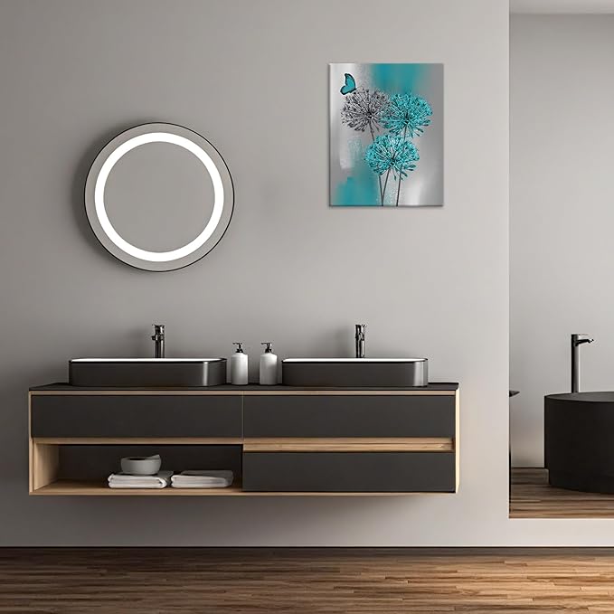 LB Teal Dandelion Canvas Wall Art Teal Grey Dandelion with Butterfly on Modern Abstract Wall Art Aesthetic Wall Decor for Living Room Bedroom Bathroom Office, Framed Ready to Hang 16Lx12W