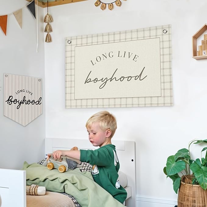 Lacama Long Live Boyhood Banner Baby Boy Nursery Decor, Boy Nursery Decor, Vintage Wall Hanging Flag Decor for Nursery Playroom Toddler Room, Boys Room Decor 30x20 In
