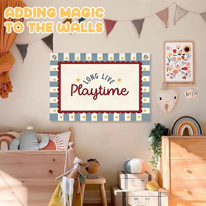Playroom Wall Decor, Long Live Playtime Linen Canvas Banner,Toddler Playroom Decor Kids Room Nursery with Star Pattern Wall Decor for Toddler Boys Toy Room Bedroom,30x20 Inch