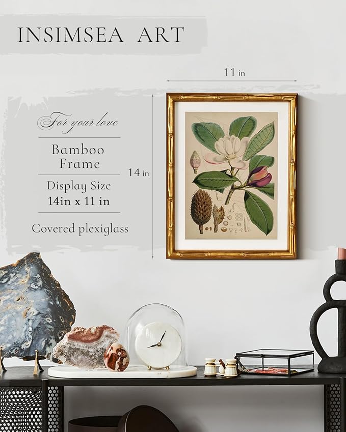 InSimSea Gold Bamboo Framed Canvas Wall Art, Retro Nature Magnolia Botanical Paintings, Antique Vintage Picture Frame with Mat, Victorian Home Wall Decor for Living Room Kitchen Dining, 11x14inch