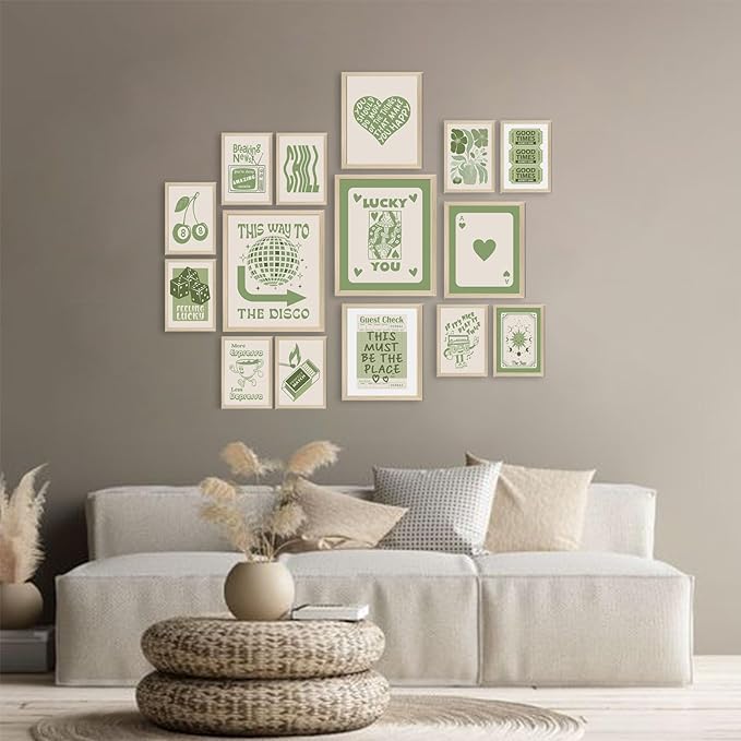 Aroutde Green Lucky Poster - Trendy Sage Green Wall Art - Guest Check Print - Lucky You - Room Decor - Y2K Canvas Wall Art - Set of 15 (Unframed)