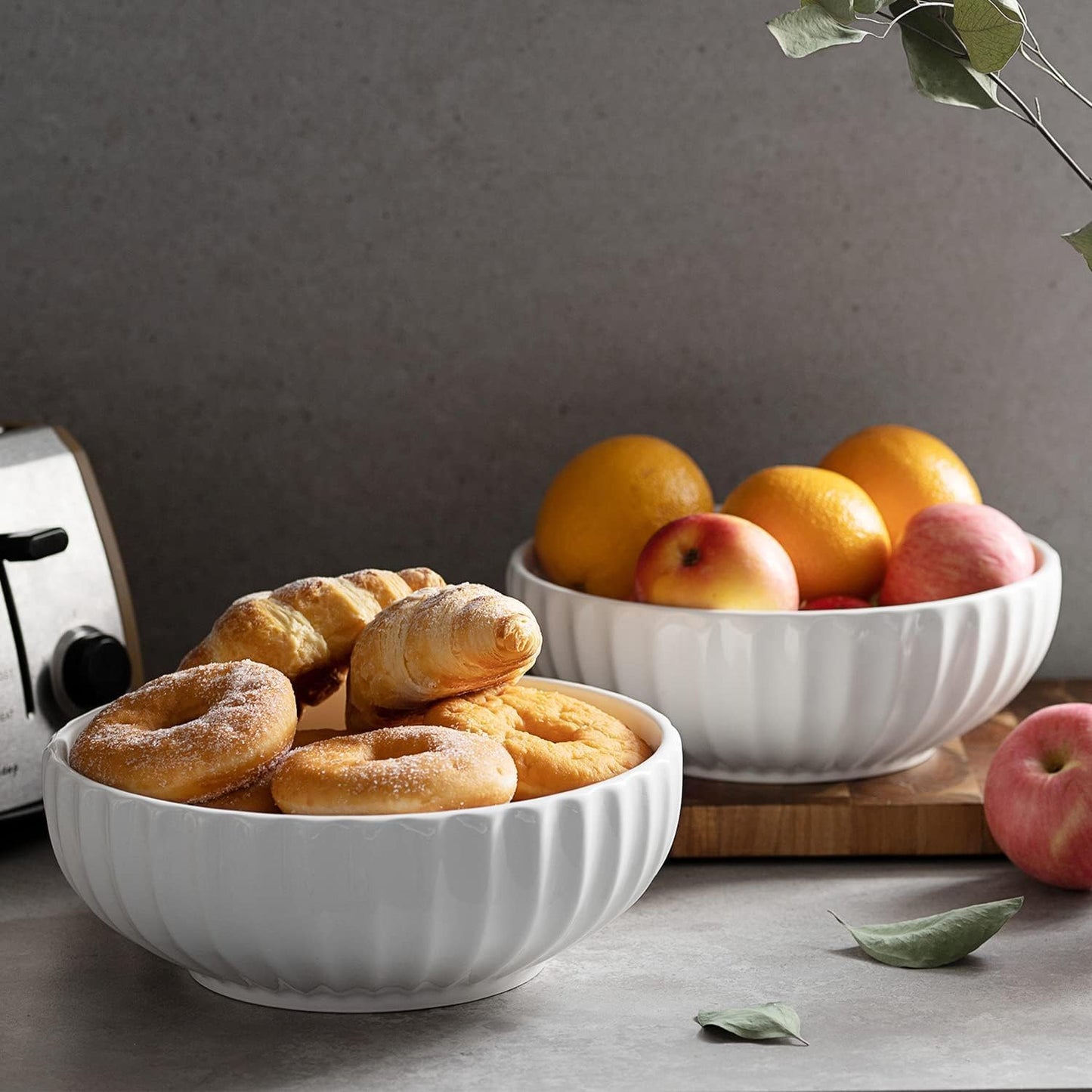 DOWAN 9.8'' Serving Bowls, 86 oz White Serving Platters, Large Ceramic Serving Dishes, Fruit Bowl, Set of 2, for Entertaining, Party, Kitchen, Dinner, Banquet, Housewarming Gift, Soft White