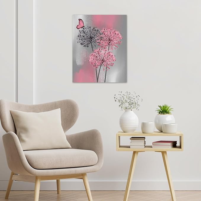 LB Pink Dandelion Canvas Wall Art Pink and Grey Dandelion with Butterfly on Modern Abstract Wall Art Aesthetic Wall Decor for Living Room Bedroom Bathroom Office Framed Ready to Hang 10L x 8W