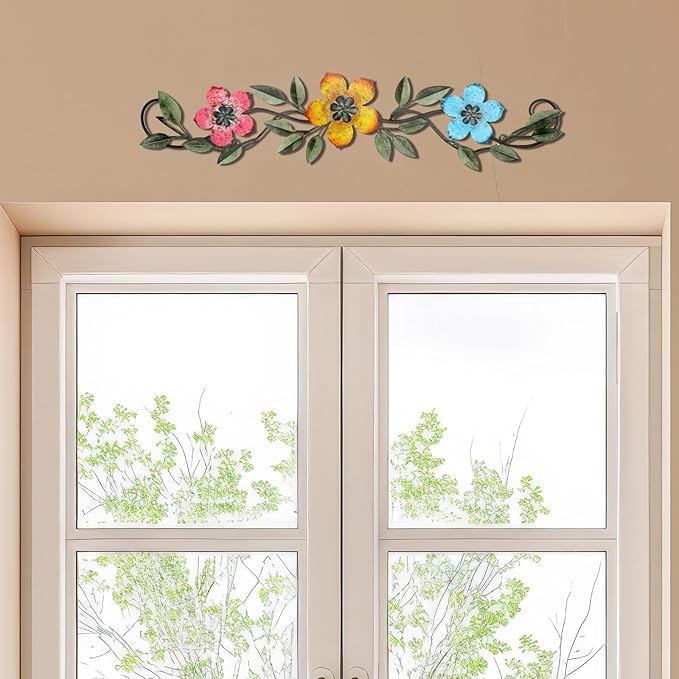 Wesiti Metal Flower Wall Decor Vintage Spring Metal Flower Wrought Iron Scroll Sculpture 15.7''x3.7'' Farmhouse Leaves Wall Decor with Nails for Spring Living Room Bedroom Indoor Outdoor(Bright Color)