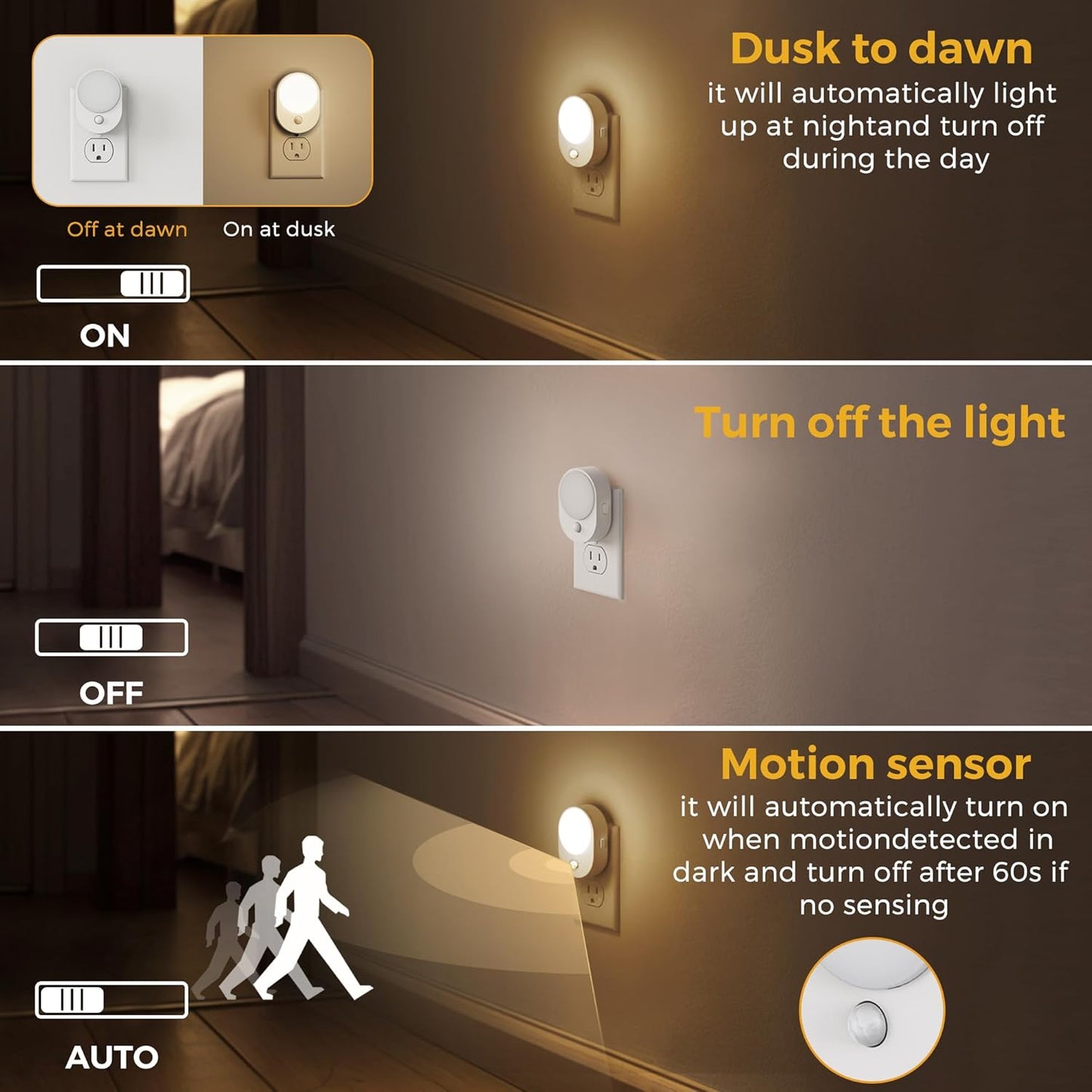 L LOHAS LED Motion Sensor Night Light,[2-PACK] Night Lights Plug into Wall,Motion Sensor and Dusk to Dawn Sensor,3000K Soft White,30/60/100lm Brightness Dimmable,Nightlight for Bathroom Hallway