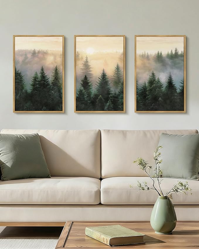 Drsoum Green Fog Pine Tree Landscape Wall Art Framed Nature Misty Nordic Forests Prints Morden Farmhouse Rustic Artwork Hallway Bedroom Ready to Hang 16x24in Natural Framed
