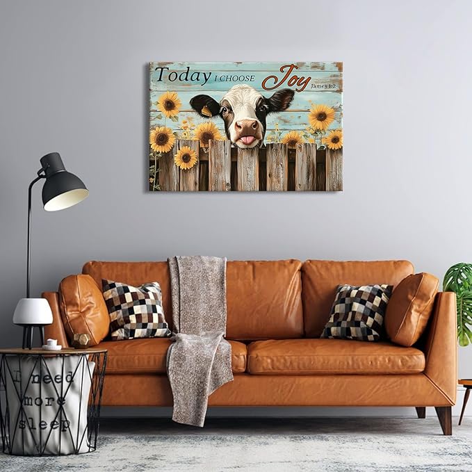 Large Farmhouse Cow Wall Art Teal Wall Decor Sunflower Pictures for Living Room Christian Bible Canvas Prints Cattle Poster Rustic Farm Animal Painting Artwork for Bedroom Home Decorations 24x36"