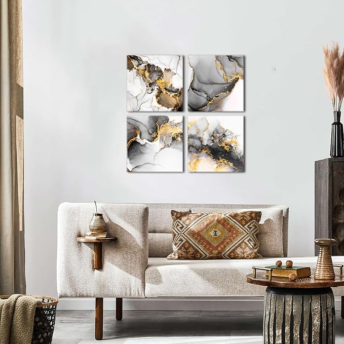 Abstract Texture Wall Art Black and Gold Marble Wall Decor for Living Room Watercolor Ink Fluid Lines Picture Canvas Print Minimalist Painting Framed Artwork Bedroom Office Home Decoration 20x20” 4Pcs