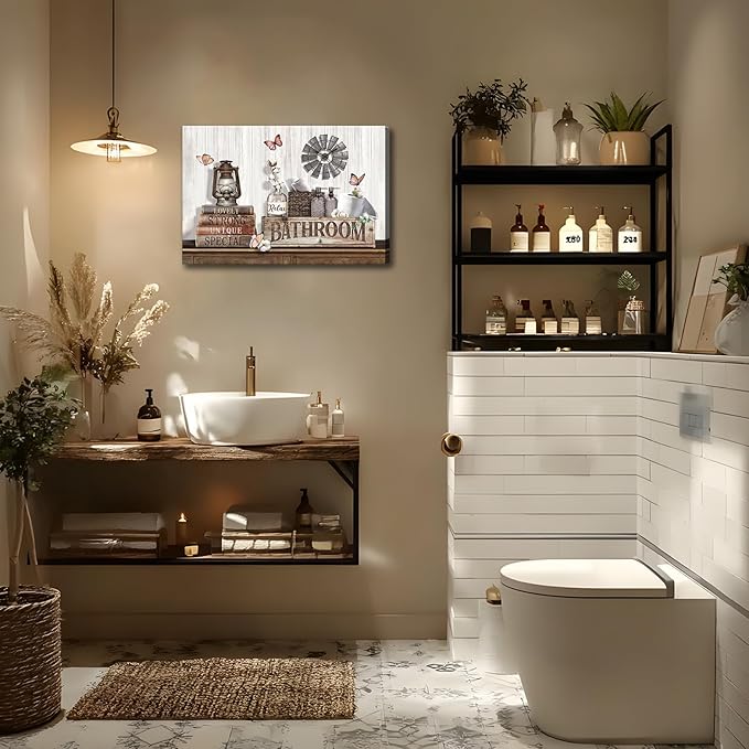 Rustic Bathroom Wall Art Country Bathroom Pictures Wall Decor Farmhouse Cotton Flower Butterfly Painting Brown Theme Country Bath Prints Rustic Farmhouse Inspirational Prints Artwork Home Decor 16x24"
