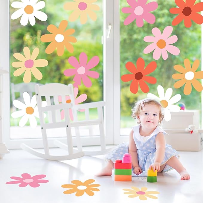 TaoBary 12 Sheet Daisy Wall Sticker Decal Removable Cute Daisy Bedroom Room Decor Flower Wall Sticker Pink White Flower Decal Wallpaper Peel and Stick for Nursery Home(Bright Color,Minimalist Style)
