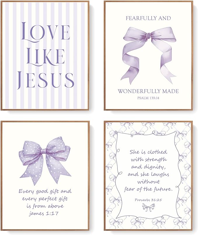 LARTSFRO Coquette Purple Bow Jesus Wall Art Decor Posters, Purple Bow Christian Room Bedroom Bathroom Dorm Wall Art Decor Aesthetic for Teen Girls Gifts, Inspirational Bible Verses Bow Wall Decor, 10x8 Inch Set of 4 Bow Pictures (UNFRAMED)