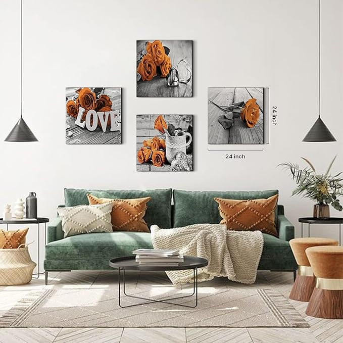 Burnt Orange Canvas Wall Art Rose Flower Pictures Wall Decor for Bathroom Kitchen Accessories Black and White Grey Prints Paintings Rustic Floral Love Sign Pictures Artwork Home Decoration 20x20” 4Pcs