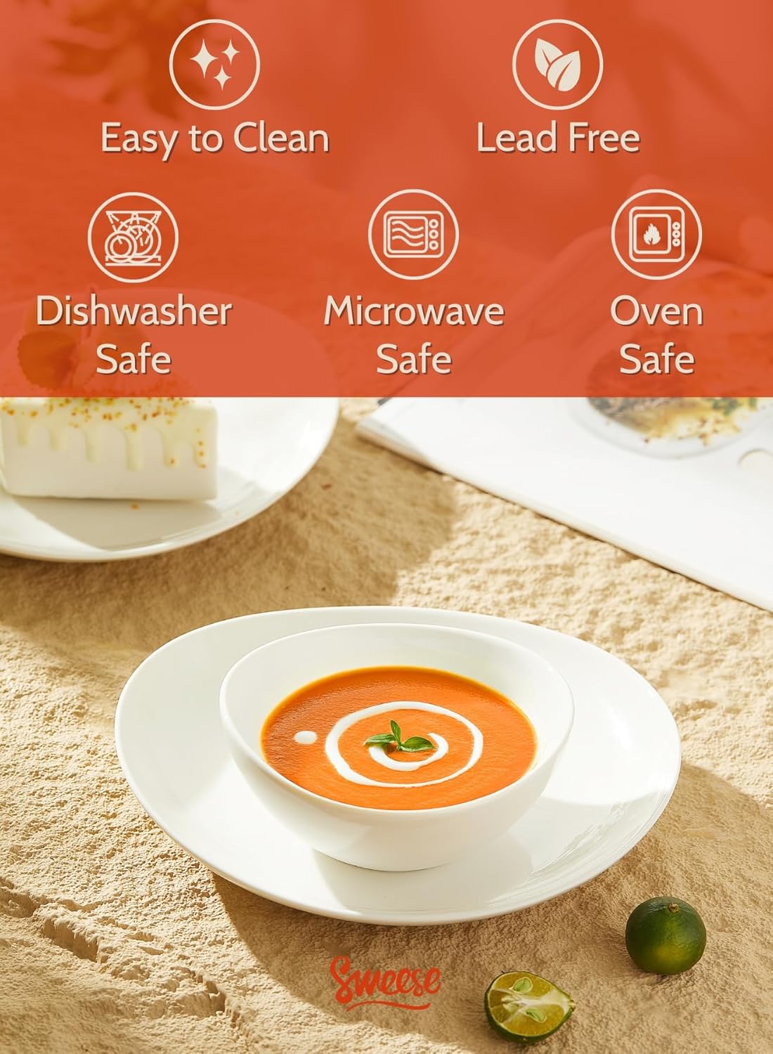 Sweese Porcelain Bowls Set - 6 Pack, 5 Inch, 10 oz for Desserts, Soup, Rice, Microwave Dishwasher Safe, White