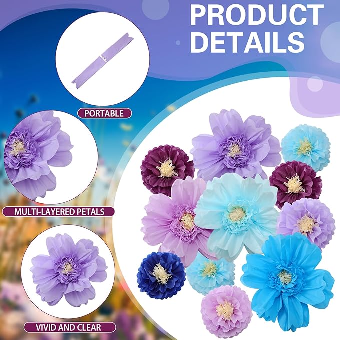 Crowye 12 Pcs Large Colorful Tissue Paper Flowers Decorations 20" Giant Fiesta Craft Crepe Paper Flowers for Wall Decor Backdrop Mexican Wedding Birthday Carnival Party (Multicolor)