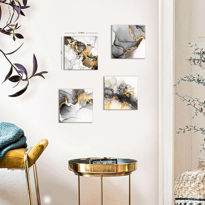 Black and Gold Wall Art Abstract Marble Artwork for Walls Ink Texture Canvas Prints Painting Living Room Bathroom Decor Contemporary Fluid Lines Pictures Bedroom Office Home Decorations 12x12” 4P