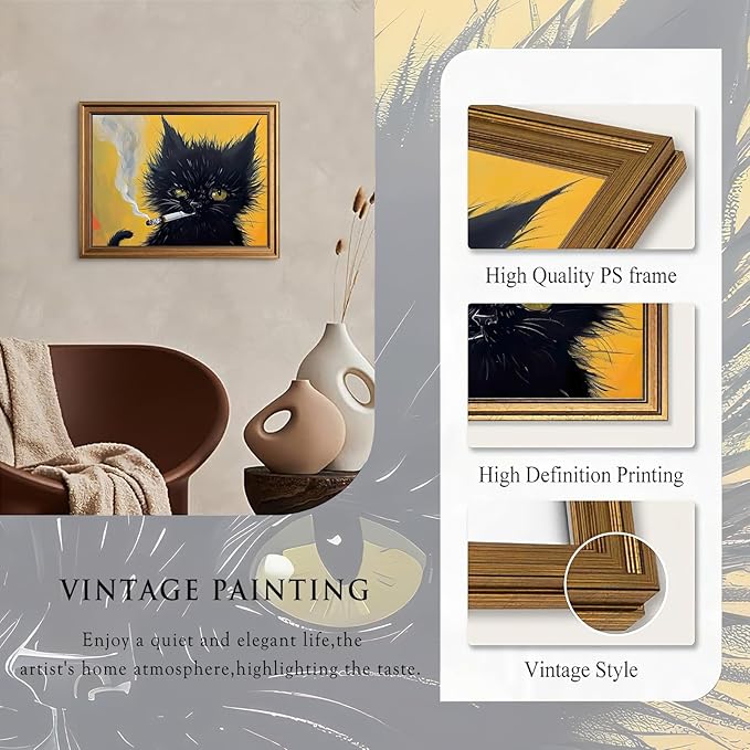 Aroutde Framed Funny Black Cat Wall Art, Cat Smoking a Cigarette Painting Vintage Gold Framed Wall Decor, Black Kitten Humor Animal Restroom Home Decoration (16L''x12W'')