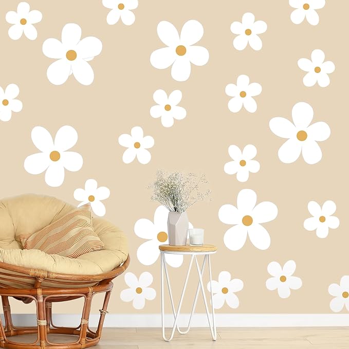 TaoBary 12 Sheet Daisy Wall Sticker Decal Removable Cute Daisy Bedroom Room Decor Flower Wall Sticker Pink White Flower Decal Wallpaper Peel and Stick for Nursery Home(White, Yellow,Stylish Style)