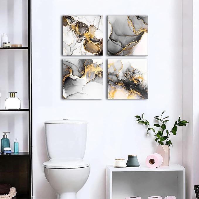 Abstract Texture Wall Art Black and Gold Marble Wall Decor for Living Room Watercolor Ink Fluid Lines Picture Canvas Print Minimalist Painting Framed Artwork Bedroom Office Home Decoration 20x20” 4Pcs