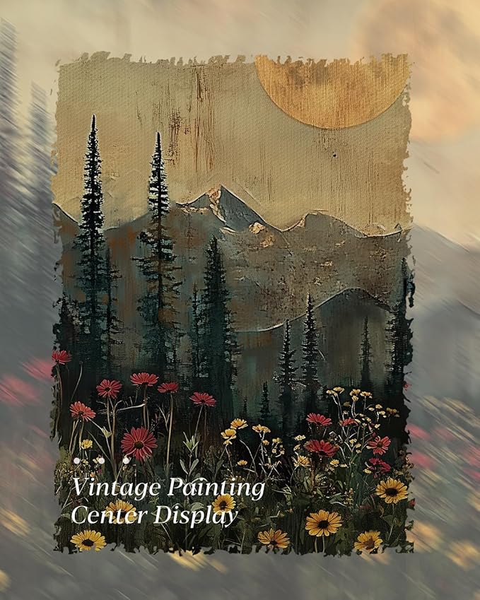 HUARCEY Gold Framed Canvas Wall Art, Moonlit Pine Tree Picture Decor, Living Room Bedroom Woodland Landscape Nature Decor, Rustic Vintage Moody Boho Canvas Paintings, 12x16inch