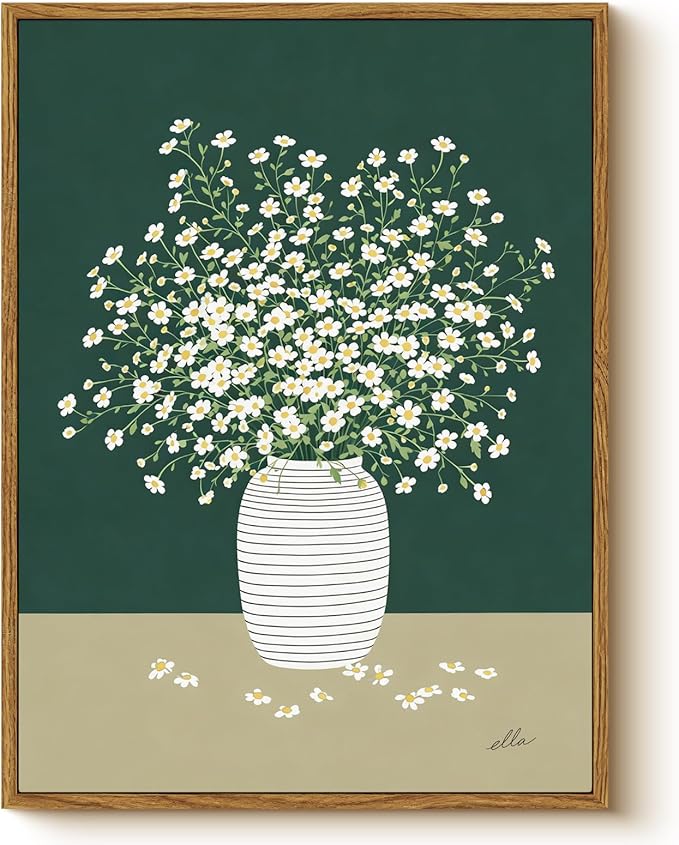Vintage Framed Floral Wall Art 12x16 Inch, Minimalist White Daisy Flower in Vase Canvas Painting Print, Rustic Modern Green Botanical Artwork Living Room Bedroom Kitchen Bathroom Decor