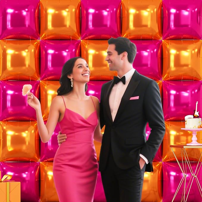 NISOCY 25PCS Rose Red and Orange Square Foil Balloons Wall Backdrop Double Sided Hot Pink Orange Balloons Arch Kit for Birthday Baby Shower Valentine's Day Wedding Tropical Party Decorations