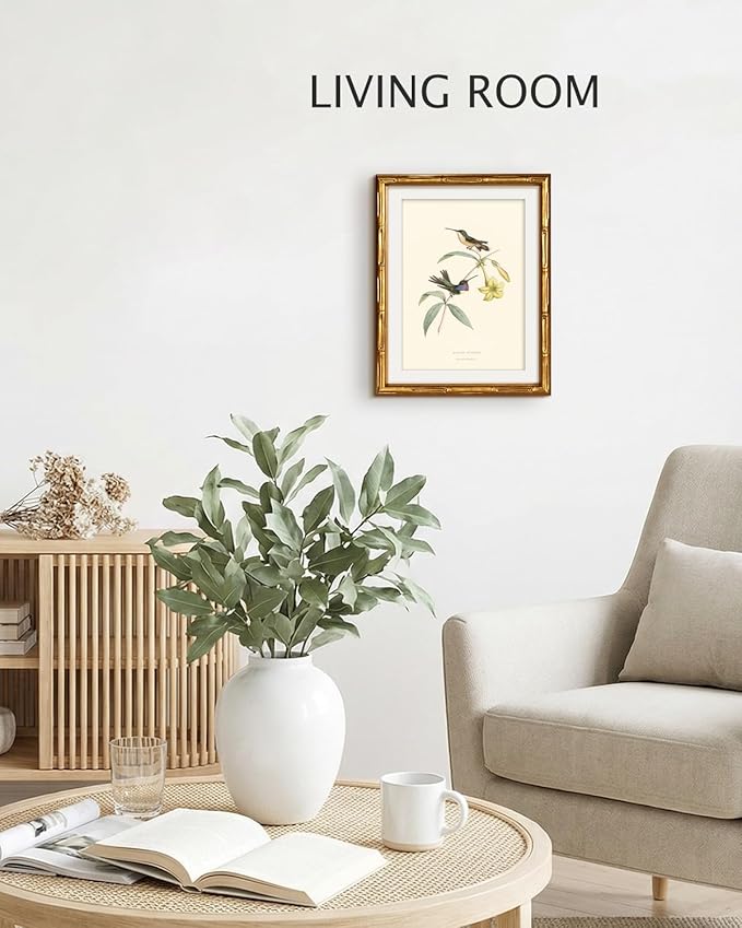 VIYYIEA Bamboo Detail Design Gold Framed Wall Art Bedroom Decor, Vintage Canvas Wall Art Prints for Living Room, Hummingbirds Artwork, Animal Painting Picture Print, Home Decor Aesthetic 11 x 14inch