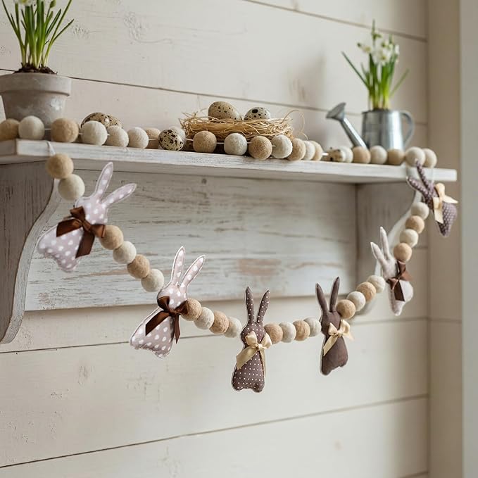 8.2 ft Felt Easter Bunny Garland 3D Rustic Cute Rabbit Pom Ball Banner Neutral Brown Vintage Decorative Hanging Bunting Garland for Mantel Fireplace Window Wall Home Farmhouse Decor