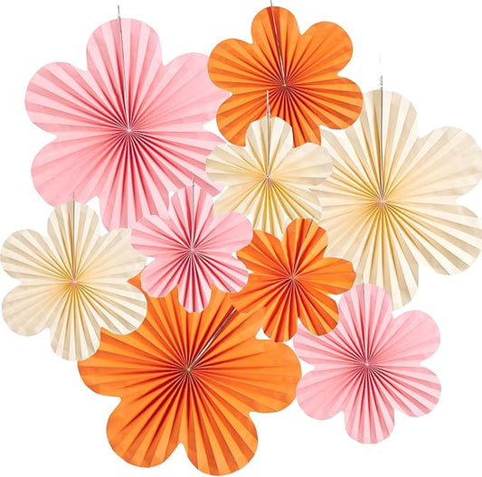 Paper Flowers Decorations for Wall Pink and Orange Paper Fans Classroom Decoration Paper Floral Backdrop Decor Paper Fans Decoration Hanging Paper Fans Pink Flower Wall Decor, Set of 9