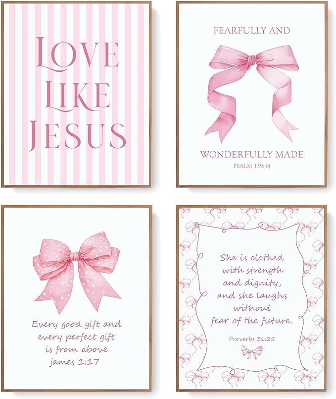 LARTSFRO Coquette Pink Bow Jesus Wall Art Decor Posters, Light Pink Bow Christian Room Bedroom Bathroom Dorm Wall Art Decor Aesthetic for Teen Girls College Gifts, Inspirational Bible Verses Bow Wall Decor, 12x16 Inch Set of 4 Bow Pictures (UNFRAMED)