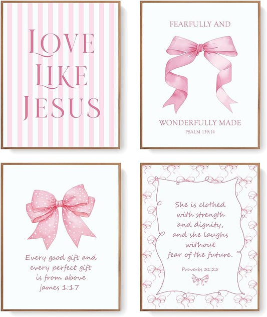 LARTSFRO Coquette Pink Bow Jesus Wall Art Decor Posters, Light Pink Bow Christian Room Bedroom Bathroom Dorm Wall Art Decor Aesthetic for Teen Girls College Gifts, Inspirational Bible Verses Bow Wall Decor, 12x16 Inch Set of 4 Bow Pictures (UNFRAMED)