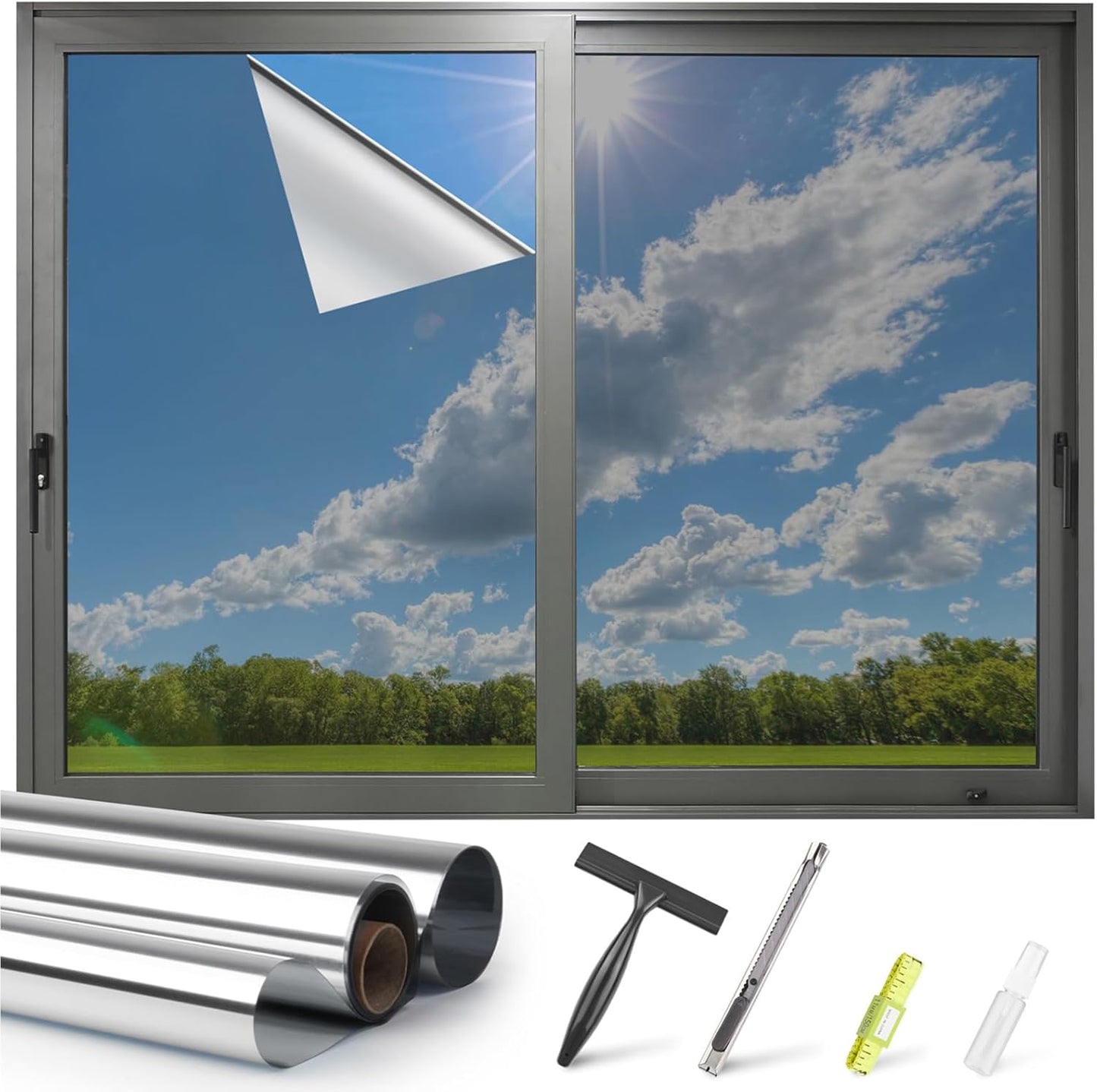 Kromapolis One Way Window Privacy Film Reflective Mirror Home Window Tint, Daytime Privacy Heat Control Anti UV Glass Tinting Static Cling (Silver, 29.5 x 78.7 inch)