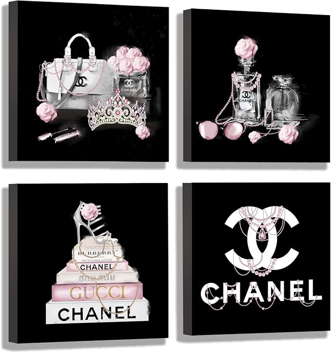 Black And White Wall Art/Pink Book Pictures Room Decor for Teen Girls/Women Handbag Perfume Wall Decor for Living Room/Fashion Canvas Artwork Size 10"x 10"x 4 Pieces