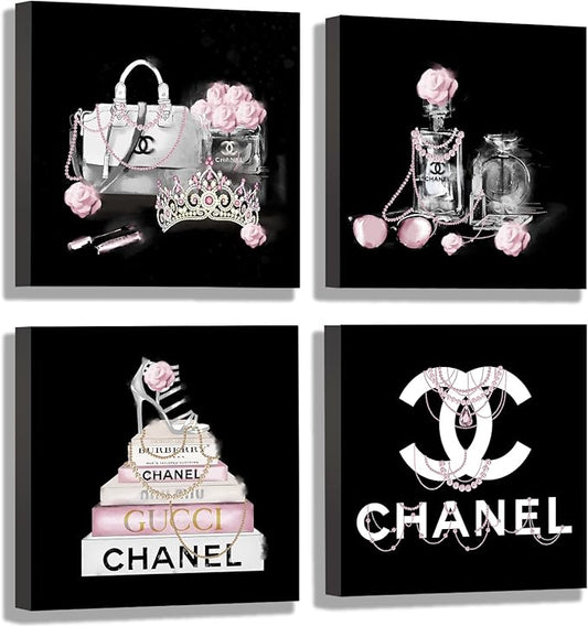 Black And White Wall Art/Pink Book Pictures Room Decor for Teen Girls/Women Handbag Perfume Wall Decor for Living Room/Fashion Canvas Artwork Size 10"x 10"x 4 Pieces