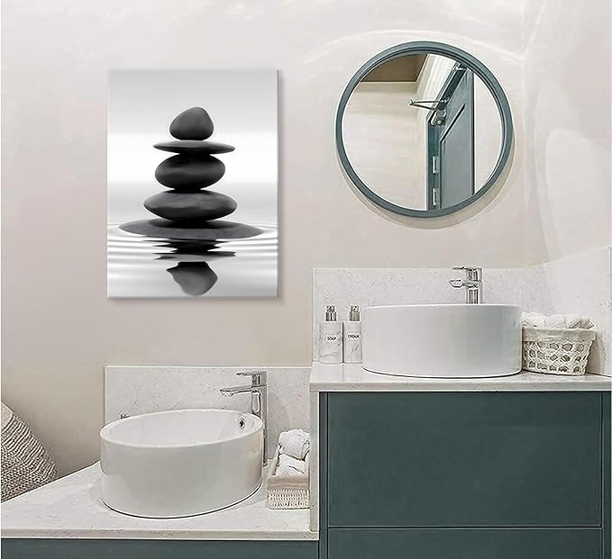Zen Canvas Wall Art Black Stacked Stone Poster Print for Spas Bathrooms Yoga Rooms Meditation Spaces Wall docer Ready to hang 16x24in Framed