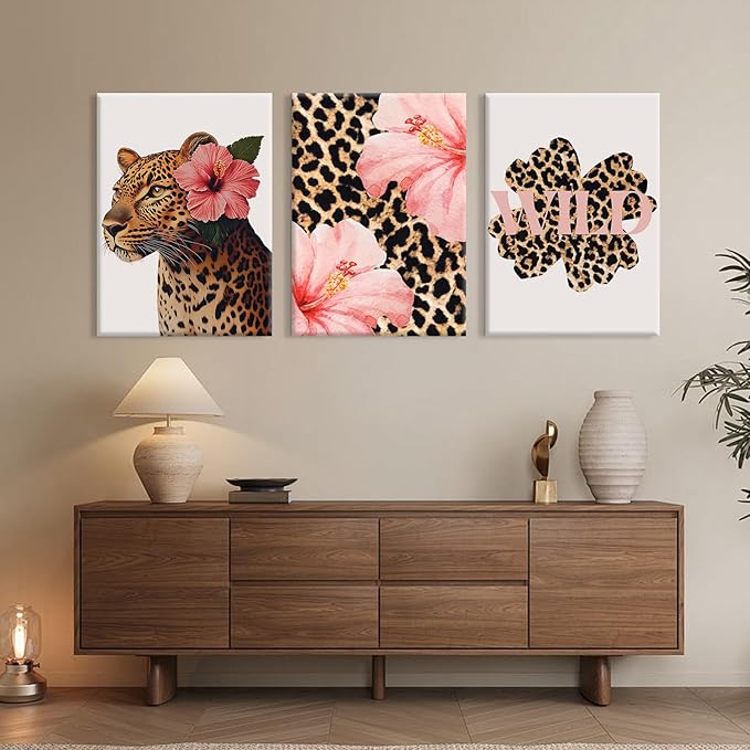 Trendy Leopard Wall Art Pink Cheetah Print Room Decor Leopard Flower Canvas Wall Decor Cheetah Aesthetic Poster Girly Pink Preppy Picture Funky Y2k Artwork for Girl Bedroom 12x16x3 Inch Wrapped Canvas