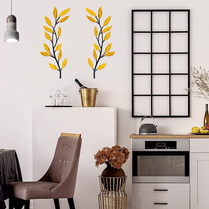 Metal Tree Leaf Wall Decor 2 PCS Rustic Vine Branch Leaf Wall Art for Living Room Bedroom Bathroom Decorations - Golden Yellow