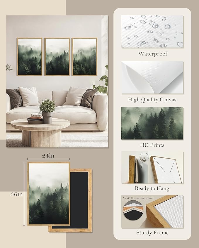 SHENIFY Green Fog Pine Tree Forest Canvas Wall Art Large 24x36in Framed Nature Modern Artwork Prints Decor - Natural Framed
