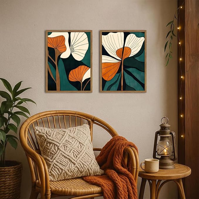 Mid Century Modern Flower Wall Art Vintage Abstract Botanical Wall Decor Painting Set of 2 Mid Century Boho Dark Floral Poster Canvas Print Pictures for Living Room Bedroom 16x24 inch Wood Framed