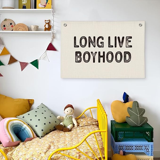 Long Live Boyhood Banner, Boys Room Decor, Vintage Linen Banner Wall Hanging Flag Decor for Toddler Boy Room Nursery Playroom